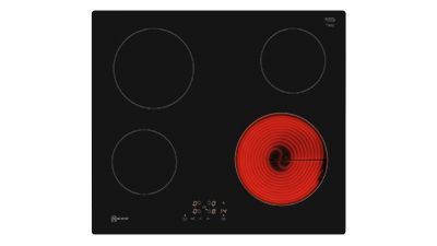 Table de cuisson vitrocéramique noire avec une zone de cuisson allumée et rouge.