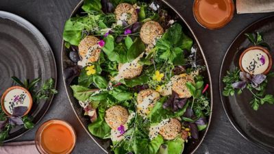 Chickpea and herb falafel with hemp dip