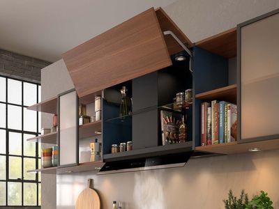 Open brown wooden cupboard revealing integrated cooker hood 