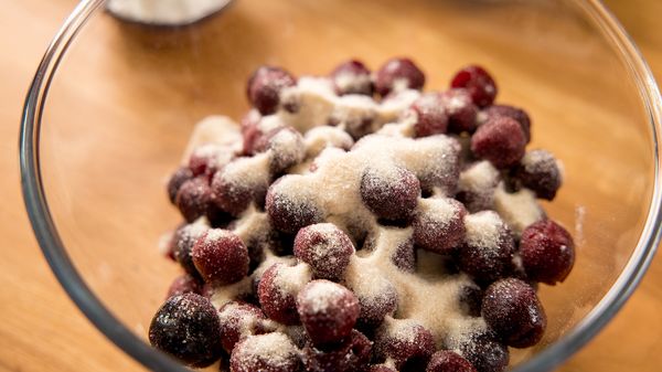 Cherry sugar mix in clear bowl