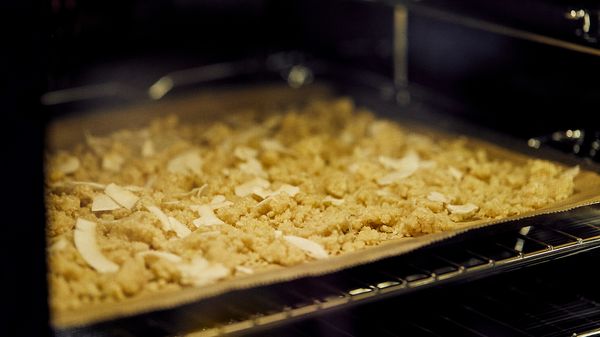 Crumble mix baking in oven