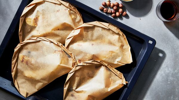 Parchment parcels folded in the traditional french technique "en papillote"