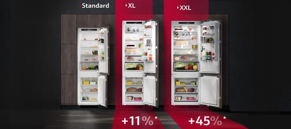 Comparison image standard fridge freezer to XL fridge freezer equals plus  