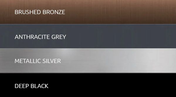 Die 4 verschiedenen Farben von Flex Design: Brushed Bronze, Anthracite Grey, Metallic Silver, Deep Black