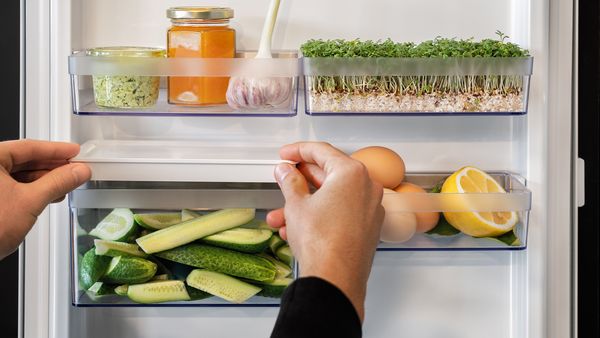 Κοντινή λήψη σε μια πόρτα ψυγείου με δοχεία αποθήκευσης Flex Cooling γεμάτα με φρέσκα καρυκεύματα και συστατικά