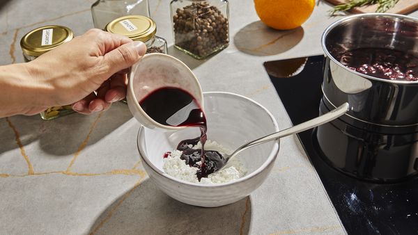 Creating the mulled wine cherry topping 
