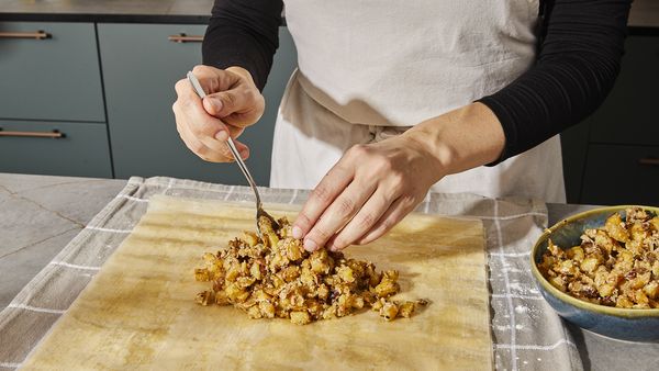 Transfering the filling to the phyllo dough 