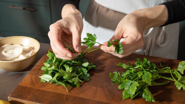 Plucking the leaves of the coriander and parsley from the stems