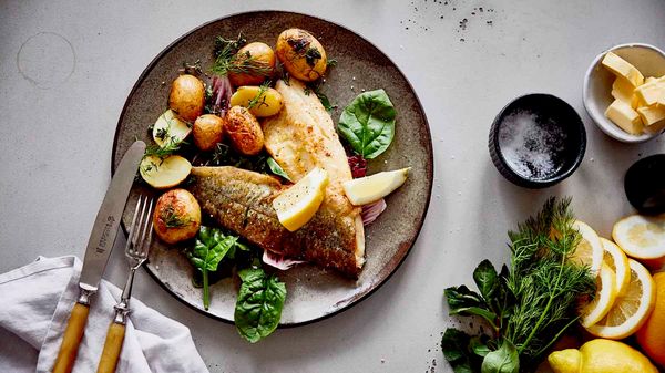Trout with young potatoes and spring salad