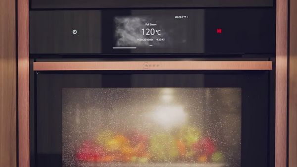 Close-up of N90 Metallic Silver oven showing Intensive Steam behind the steamed up oven door
