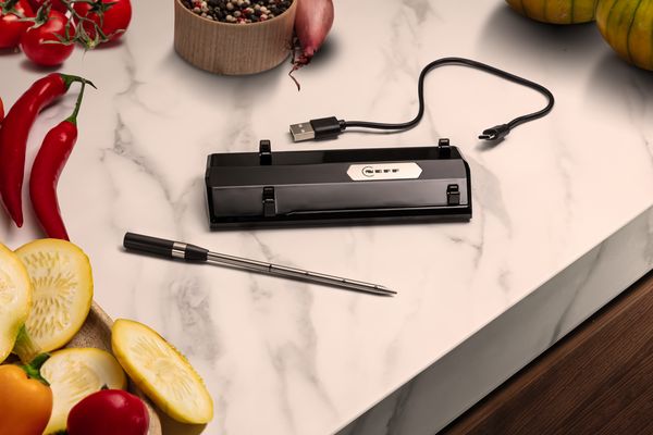 A sleek black NEFF meatprobe, accompanied by fresh vegetables on a marble kitchen countertop.