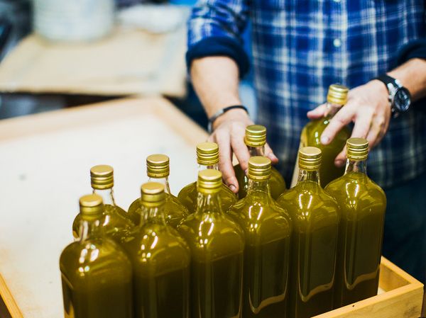 Olive oil in glass bottles