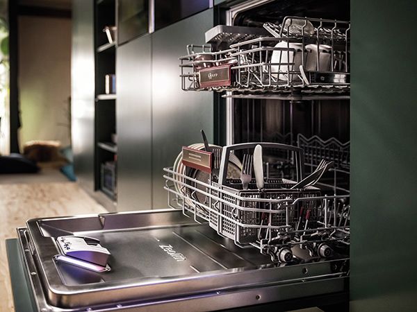 NEFF Home Connect Dishwasher loaded with door open