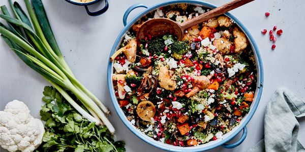 Warme taboulésalade met gegrilde groenten, za'atar en citroendressing