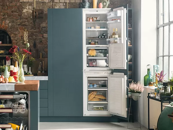 NEFF Fridge Freezer in blue kitchen unit.