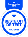 Ronde badge met &ldquo;Beste uit de test&rdquo; en &ldquo;aug 2025,&rdquo; uitgegeven door Consumentenbond, wat duidt op een topproduct  