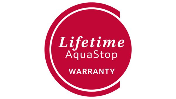 Графика за доживотна гаранция  AquaStop, подчертаваща защитата на домакинските уреди срещу теч на вода.