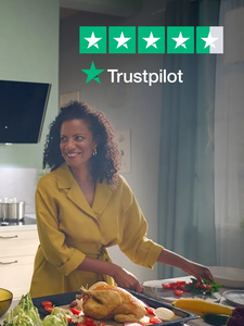 Person in kitchen alongside Trustpilot icon