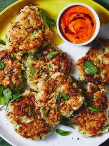 Air Fried Zucchini Fritters with Roasted Pepper Dip