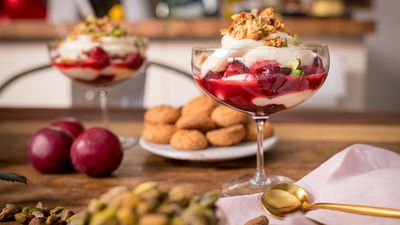 Roasted plum syllabub with pistachios and crushed  amaretti