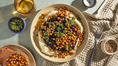 Air Fryer Red Cabbage Steak with Crispy Chickpeas  and Cauliflower puree