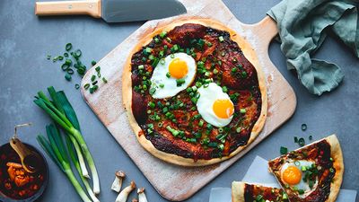 Korean pizza with mushrooms and eggs
