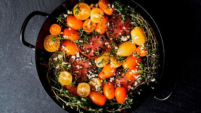 Saffron peral barley risotto with oven-roasted tomatoes