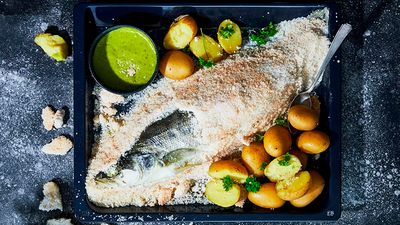 Salt-crusted pike-perch with algae-and-lime aioli and potatoes