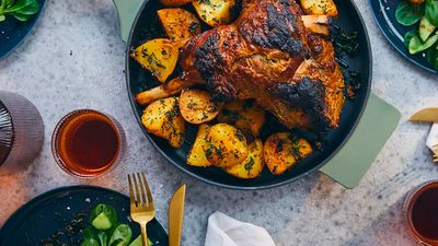 Indian spiced roast lamb with potatoes on a plate