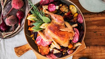 Roasted chicken with vegetables and yogurt dip