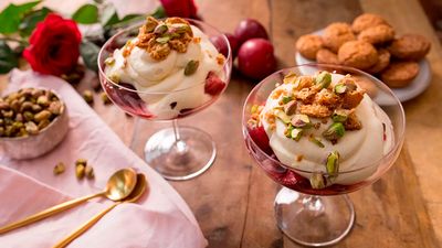 Roasted plum syllabub with pistachios and crushed amaretti