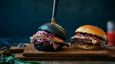 Two Ox-shred burger with tomato jam, marinated radicchio, onions and cheese