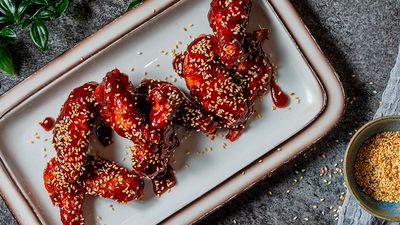 Fried Korean chicken wings coated with a tasty red sauce