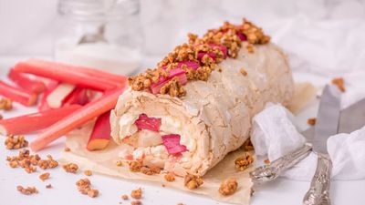 Rhubarb Meringue Roulade with Salted Hazelnut  Brittle