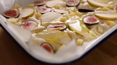 Fig & Pear Focaccia Bread with Manchego Cheese &  Honey 