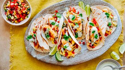 Fish tacos with pineapple pico de gallo and yoghurt-mint sauce