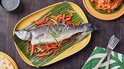 Steamed Sea Bass with Bell Pepper Salad and Quick  Kimchi