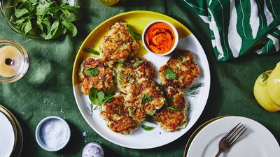Zucchini Fritters with Roasted Pepper Dip