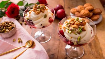 Roasted plum syllabub with pistachios and crushed  amaretti