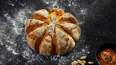 Pumpkin bread with red pepper cream