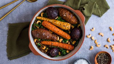 Hasselback Miso Roast Vegetables with Lentils 
