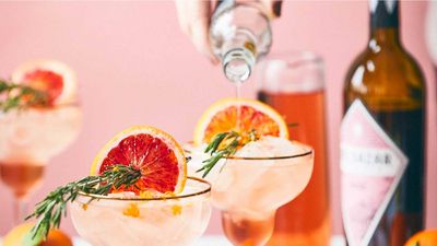 Two elegant cocktails with rosemary and blood orange slices, served over ice against a soft pink background.