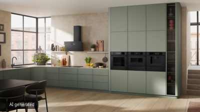 Moderne salbeigr&uuml;ne K&uuml;che mit mattschwarzen NEFF Einbauger&auml;ten, darunter Backofen, Kompaktbackofen, Kaffeevollautomat, Induktionskochfeld und Dunstabzugshaube.