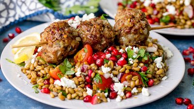 Kofta Style Lamb Kebabs with Jewelled Freekeh &  Feta Salad