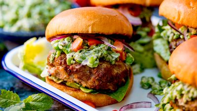 Feta Stuffed Lamb Burgers with Minted Pea  Guacamole