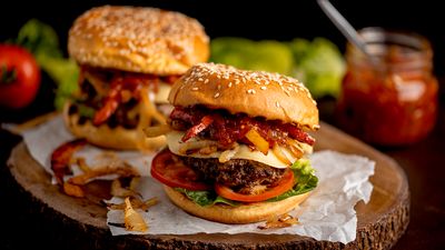 Angus Burger with Fried Sauerkraut, Peppers and  Swiss Cheese Recipe