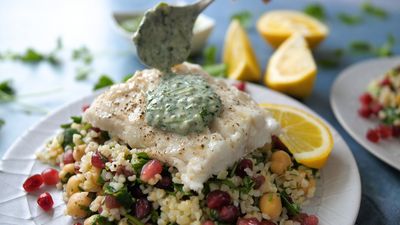 Steamed Hake with Tabbouleh, Chickpeas and Salsa  Verde
