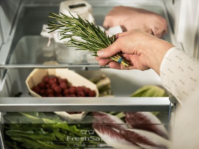 A close-up view of a hand taking out a sprig of rosemary from the fridge drawer