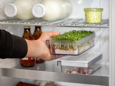 Smaakmakers en eieren in meerdere Flex Cooling opbergdozen op het aanrecht op de voorgrond met een open koelkast en vriezer op de achtergrond