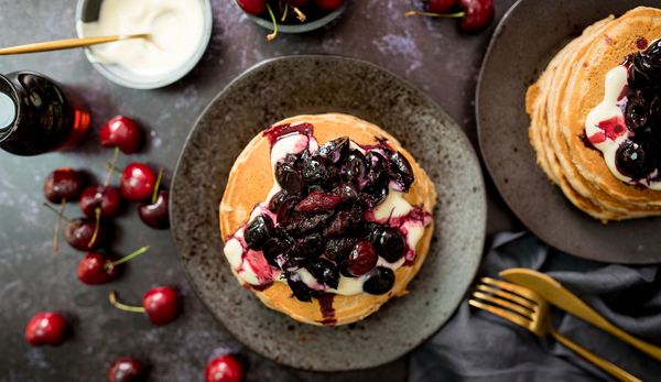 Vegan Almond Butter Pancakes with Roasted Cherries